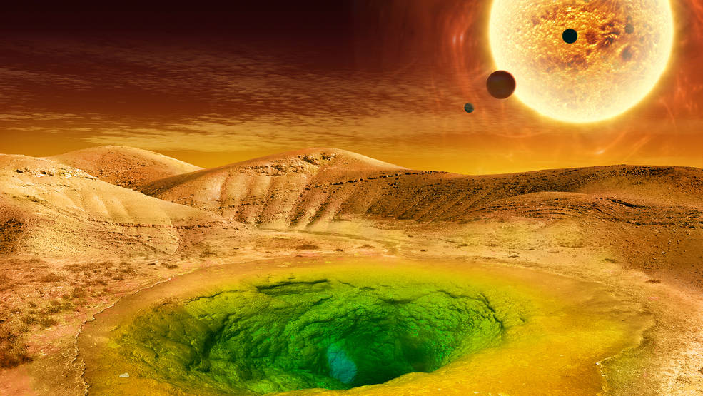 This image is an artist's conception of what life could look like on the surface of a distant planet.