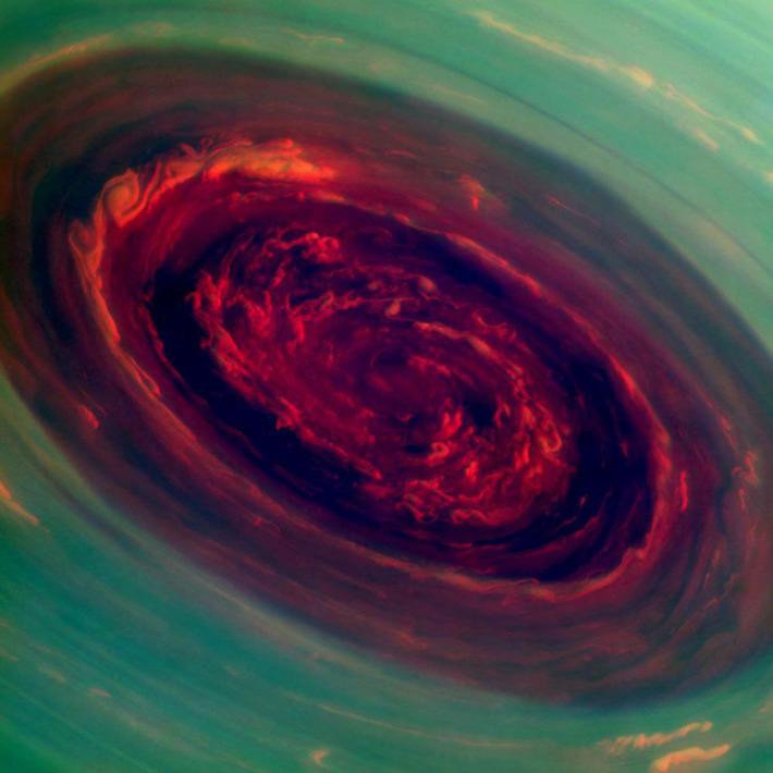 One of the last images sent bu Cassini, the storm on Saturn’s North pole