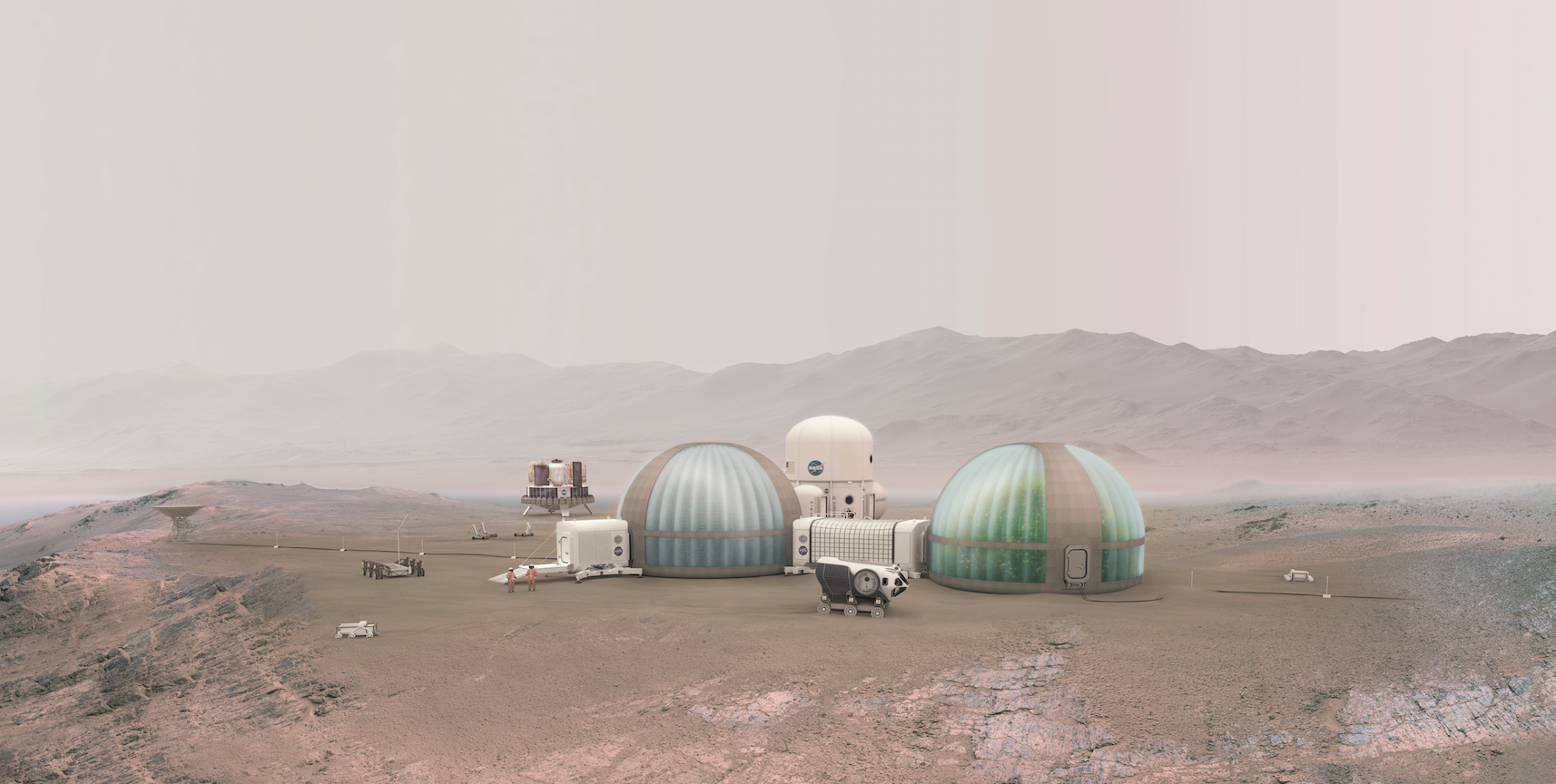 Martian outpost showing the Mars ice home and potential complementing greenhouse