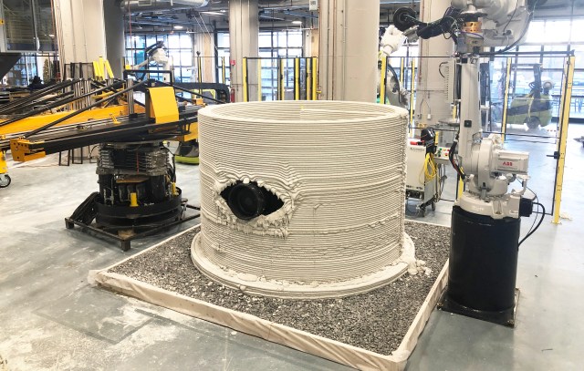 A 3D-printed structure from team SEArch+/Apis Cor is being prepared for hydrostatic leak testing.