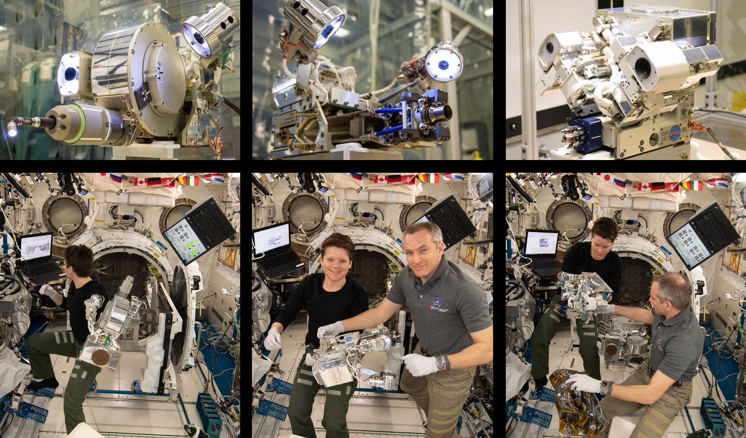 Six images of RRM3 tools and ISS astronauts in a grid. The top three images are al of shiny, high tech tools. The bottom three show two astronauts smiling and working with the tools, floating in the Space Station.