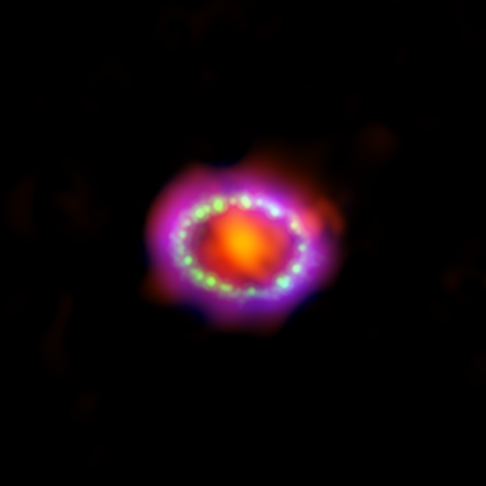 Three observatory images combine to produce this colorful, multiwavelength image of the remains of Supernova 1987A.
