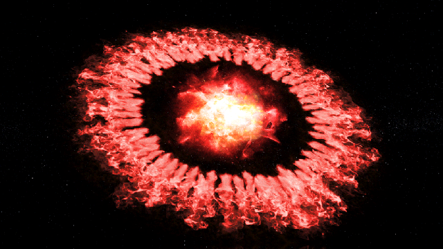 Illustration of Supernova 1987A as a powerful blast wave passes an outer ring destroying much of the dust, which re-forms.