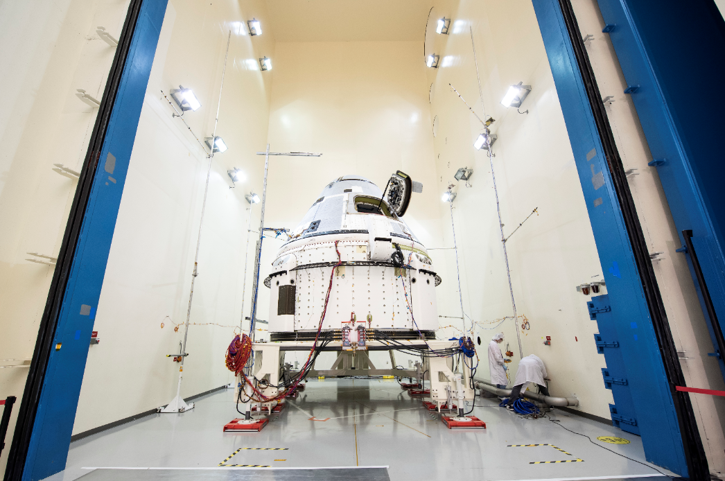 Boeing's Starliner prepares for acoustic testing at Boeing's spacecraft test facilities in El Segundo, California.