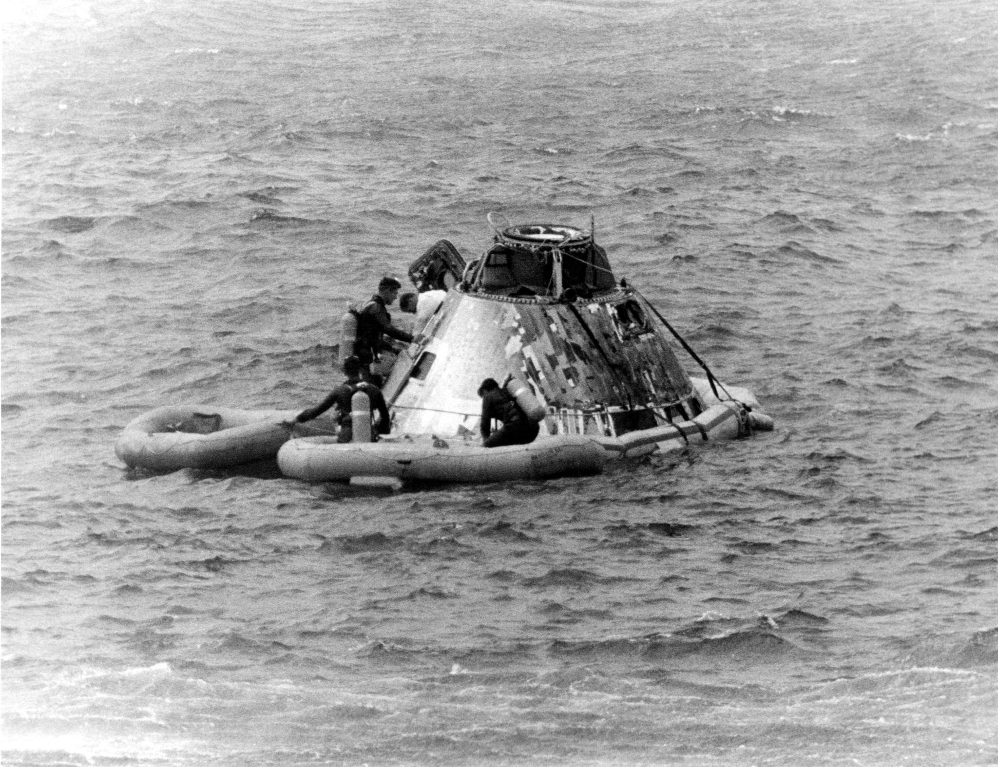 Recovery of the Apollo 9 crew in the Atlantic Ocean on March 13, 1969.