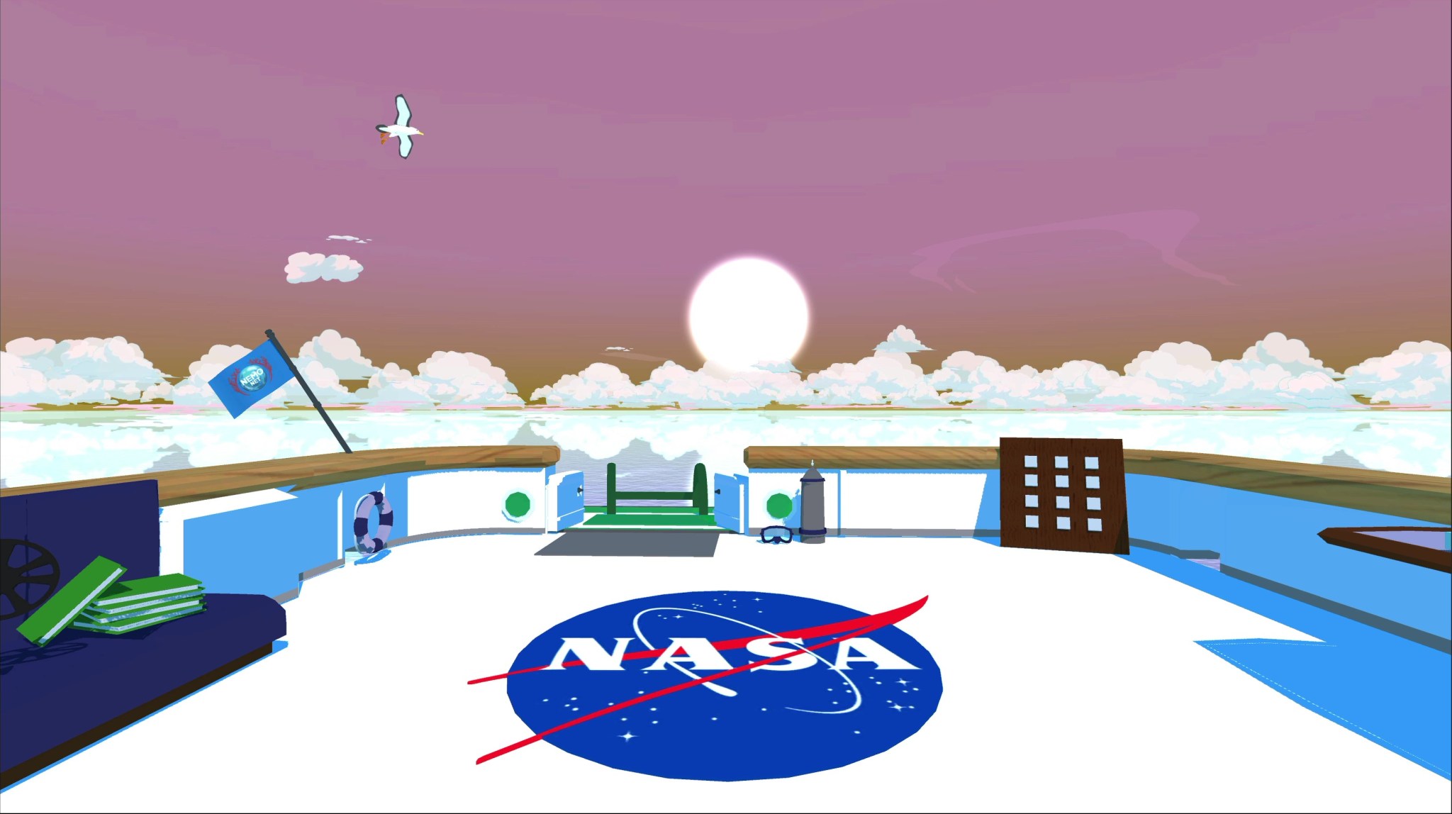 A sunrise over the ocean, viewed from the deck of a virtual research vessel, with the NASA logo on the floor.