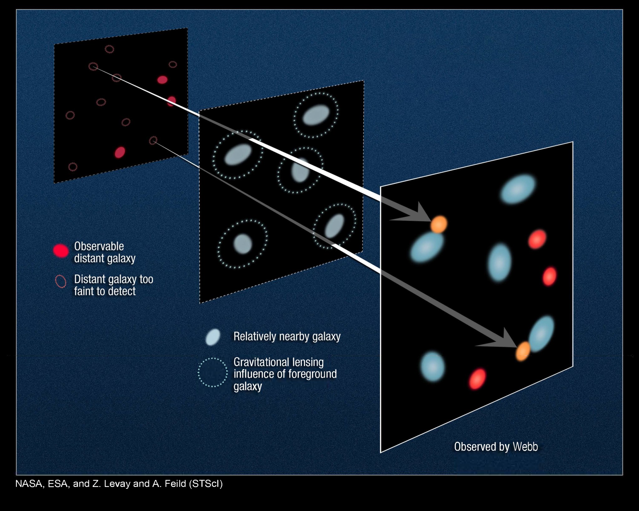 This diagram illustrates how gravitational lensing by foreground galaxies influences the appearance of far more distant back.
