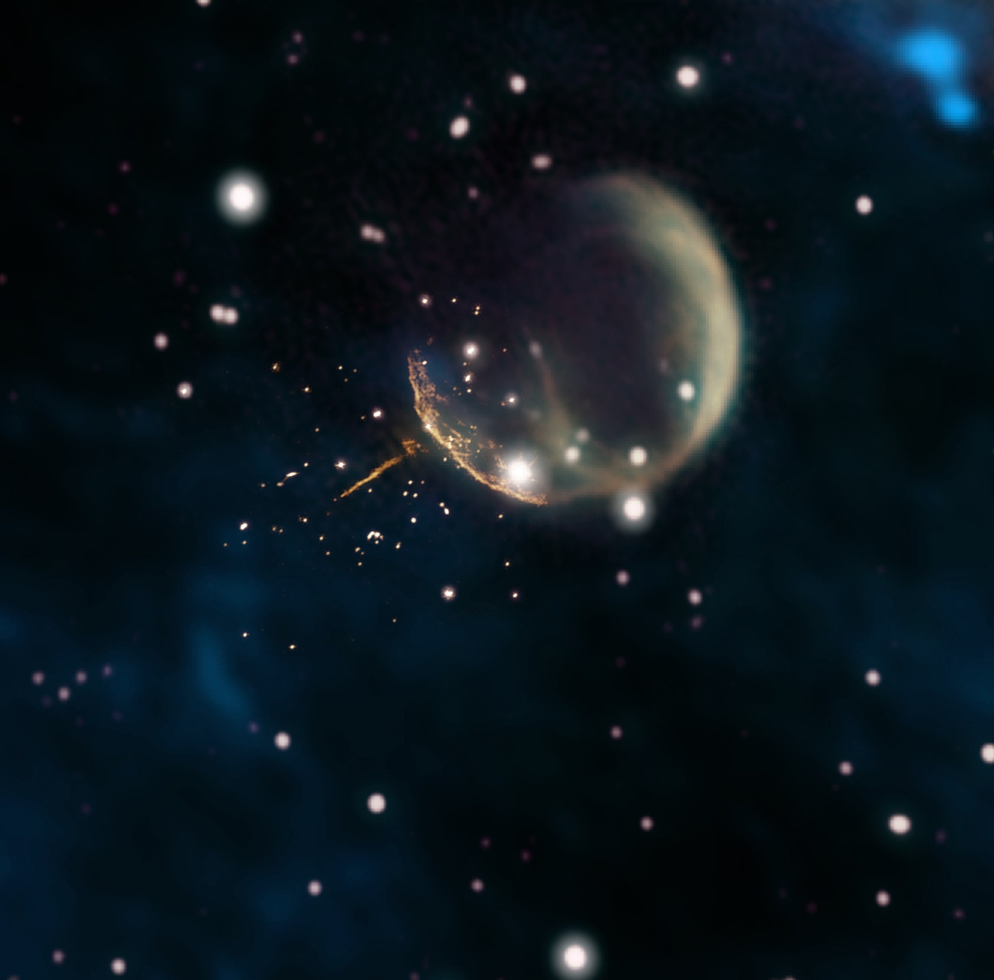 composite image showing CTB 1 supernova remnant and trail from pulsar J0002+6216