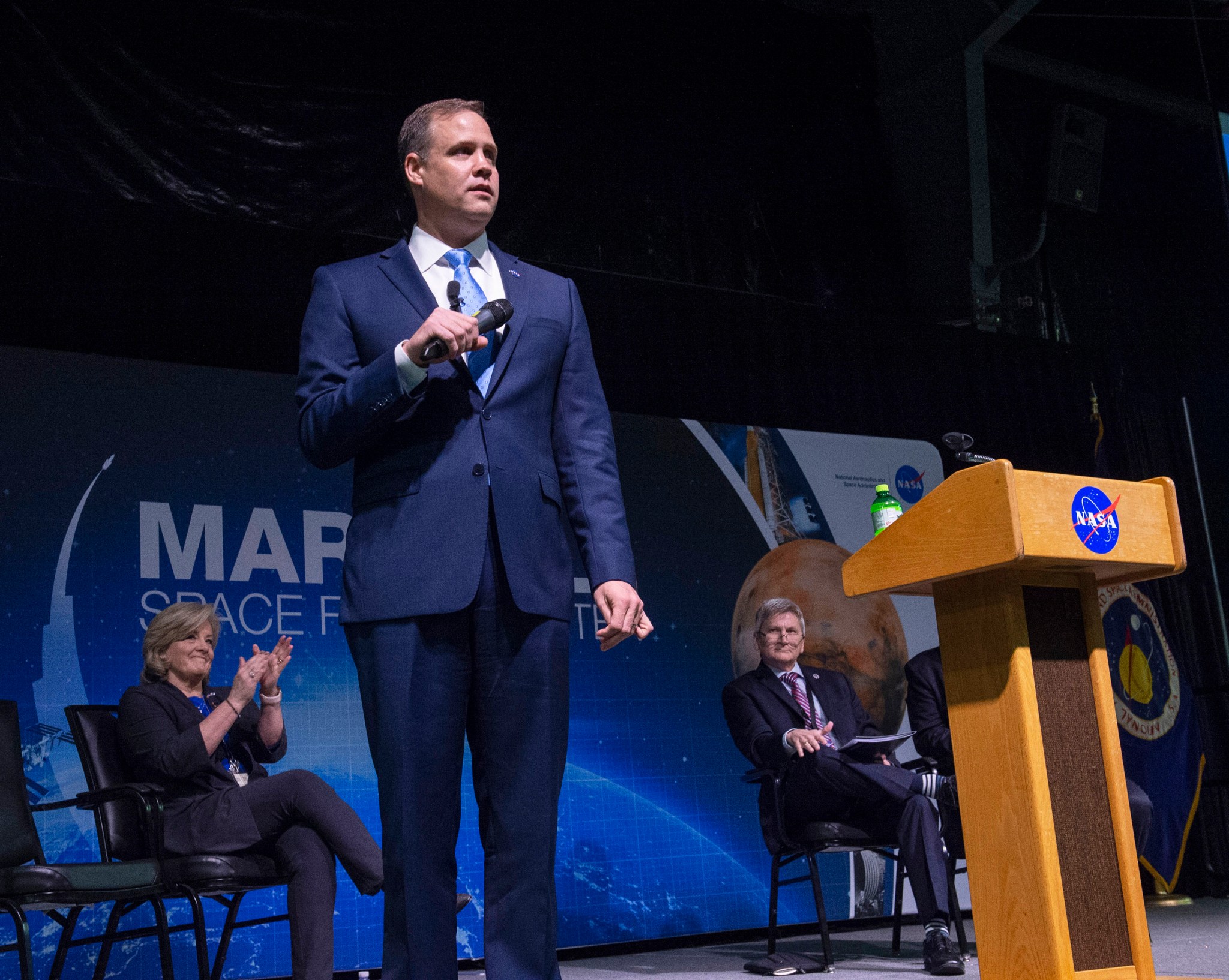 NASA Administrator Jim Bridenstine addresses Marshall team members during his March 26 all-hands event.