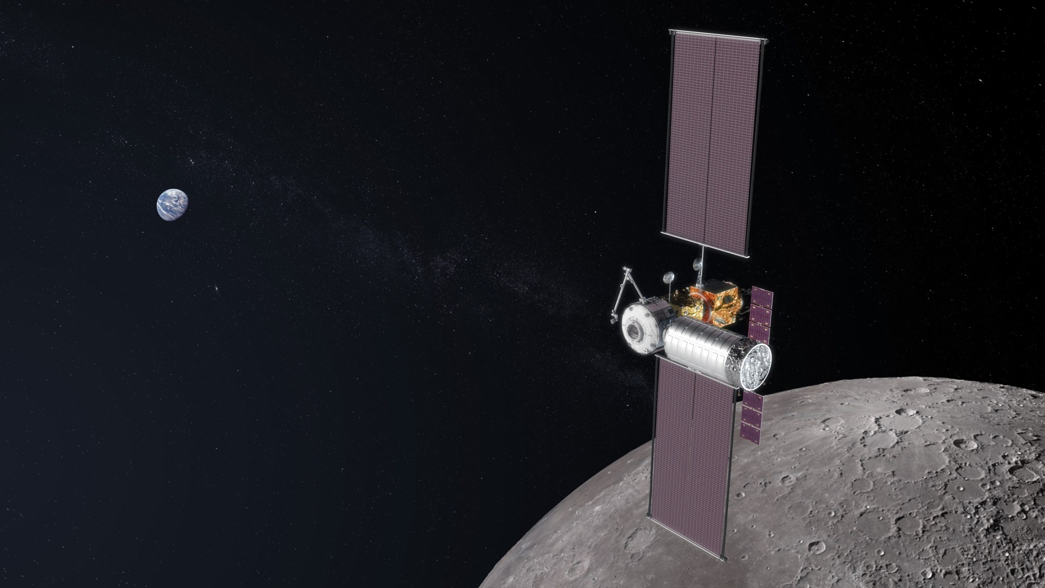 Gateway shown in mid-assembly over the Moon with Earth small in the distant background
