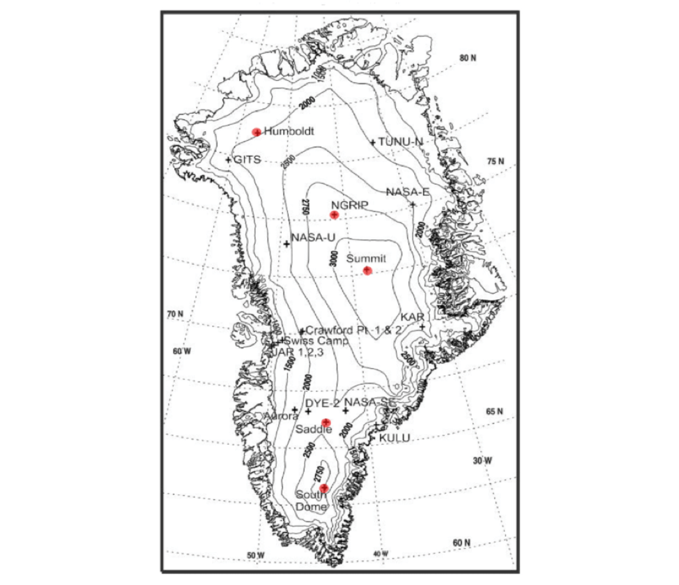 Map of Greenland with elevation lines and locations of weather stations marked.