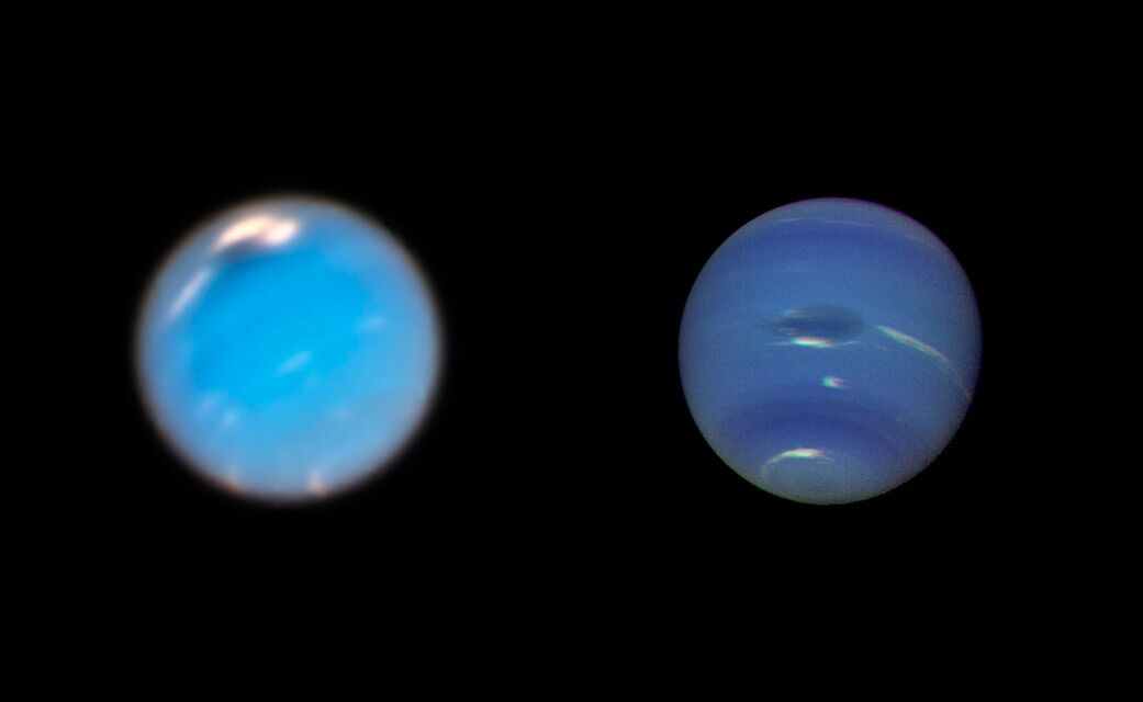 Storms on Neptune imaged by Hubble and Voyager