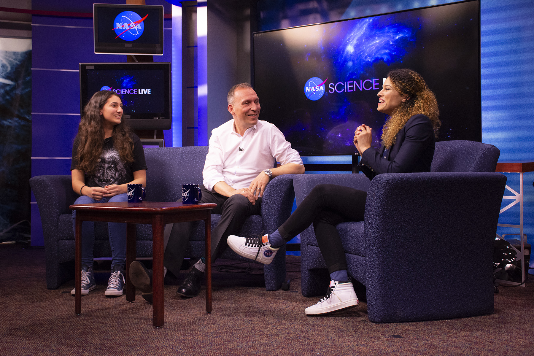 Ana Humphrey (left), Dr. Thomas Zurbuchen (middle) and Sophia Roberts (right) on the NASA Science Live talkshow run out of GSFC.