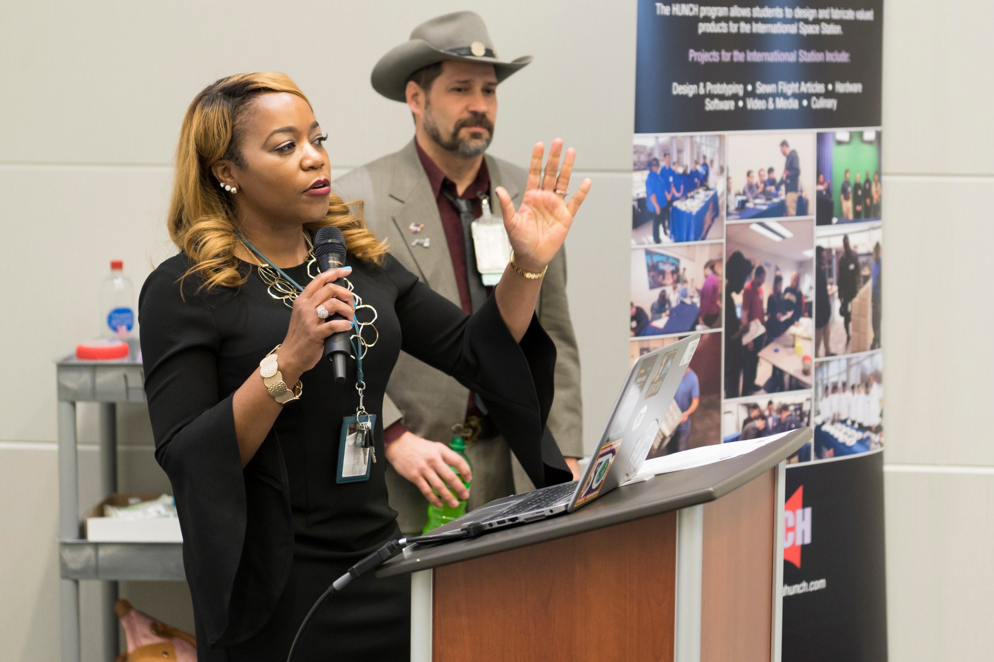 Yolanda Simmons, left, Glenn Johnson speak to students Feb. 26 at NASA Langley's HUNCH Critical Design Review.