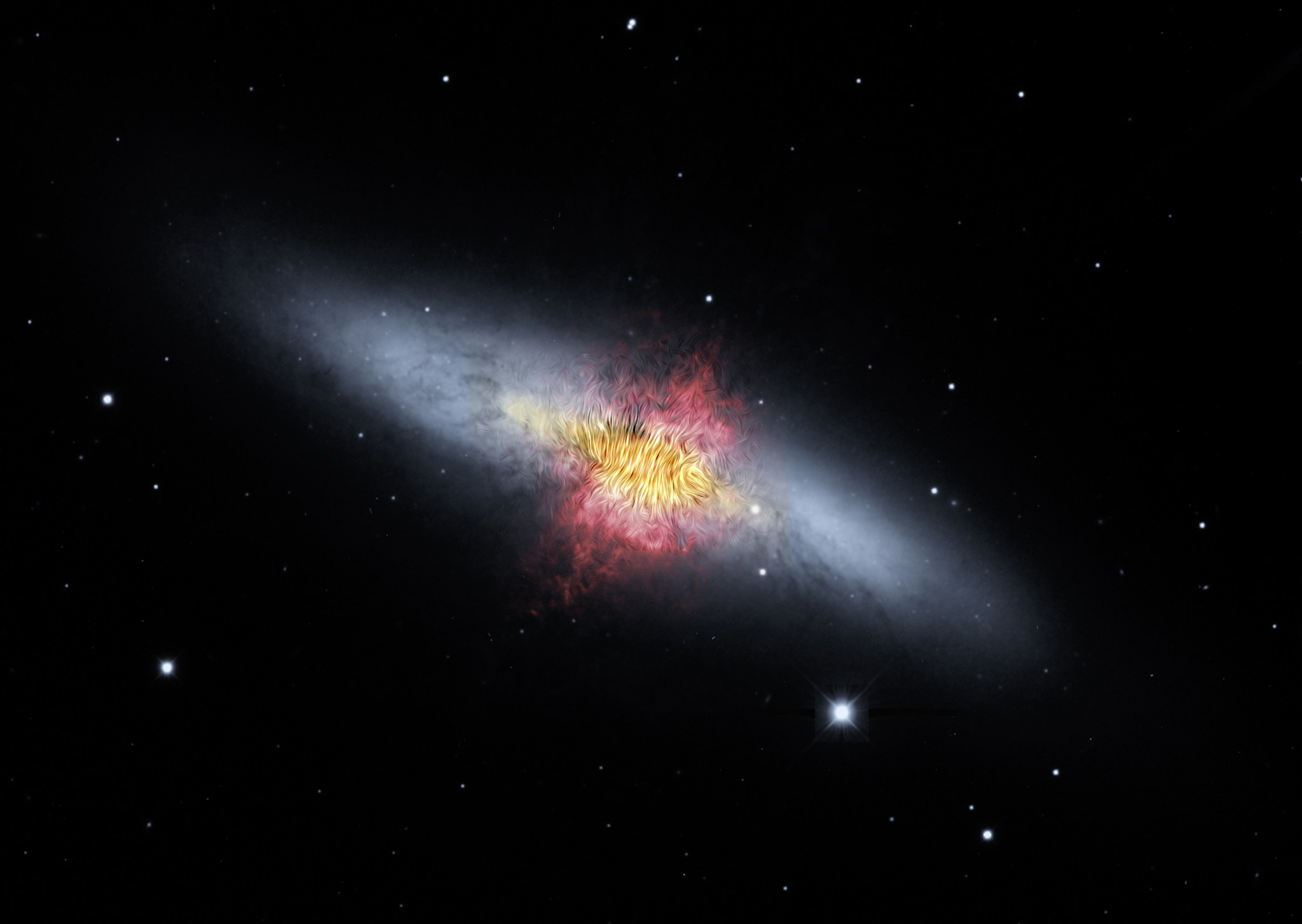 Image of Cigar Galaxy with its magnetic field shown as streamlines over red outflow, yellow dust, and black and white stars