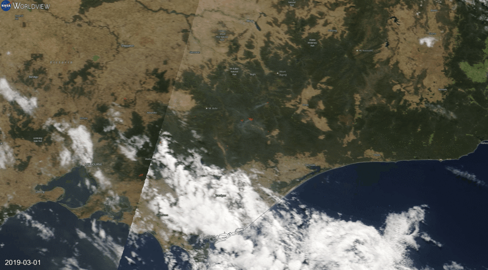 This Worldview animated GIF shows the bushfire area in Victoria, Australia from March 01 through March 04, 2019.