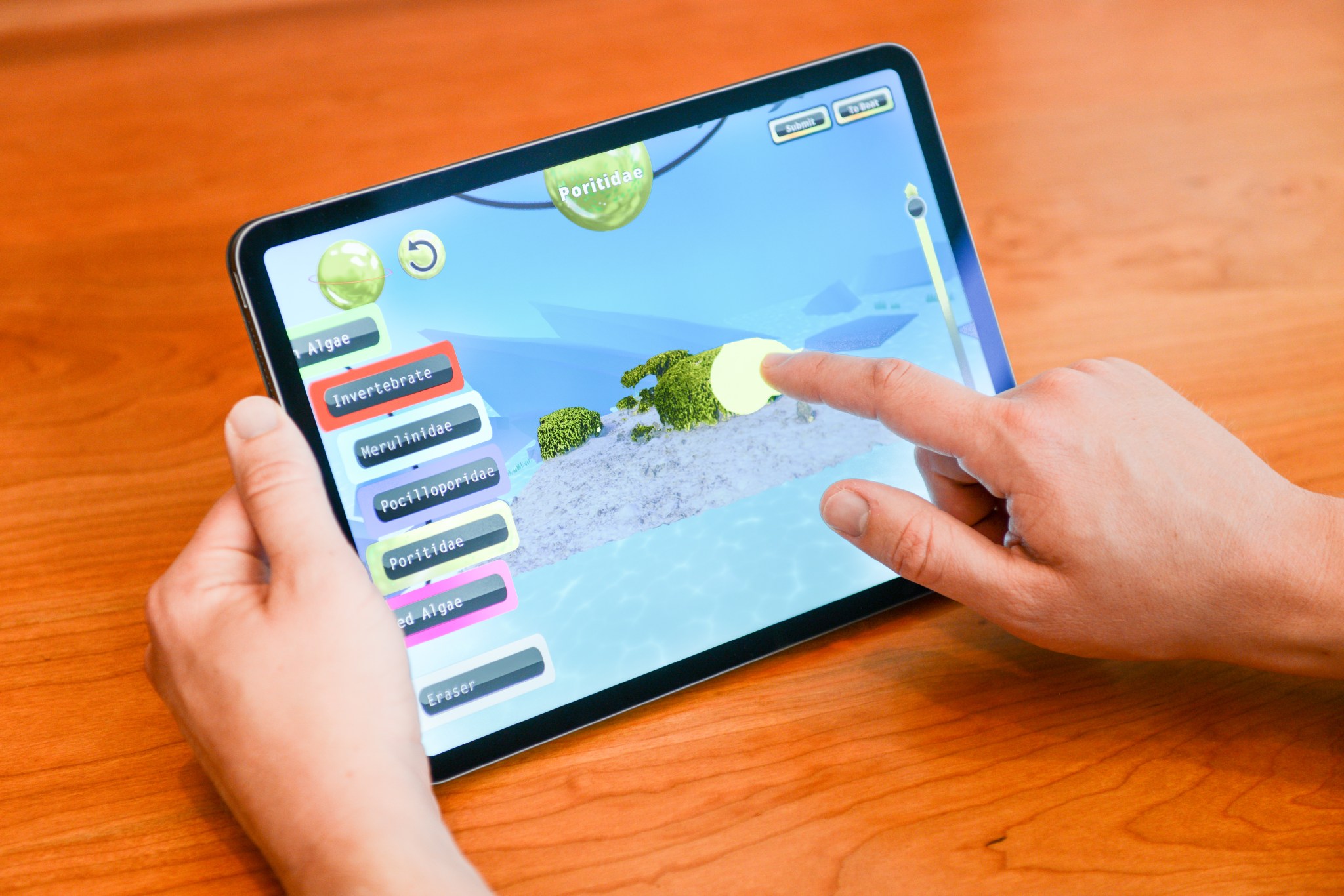 A player interacting with coral imagery on a tablet device on top of a light brown, wooden table.