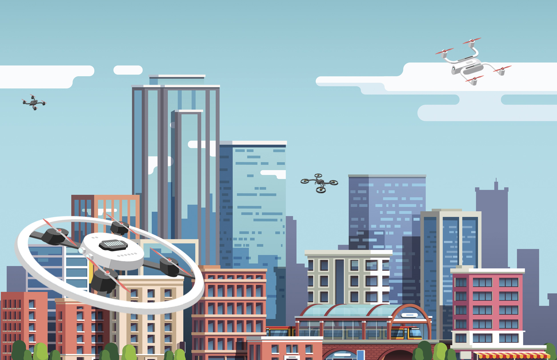 This illustration depicts multiple small drones flying in an urban environment
