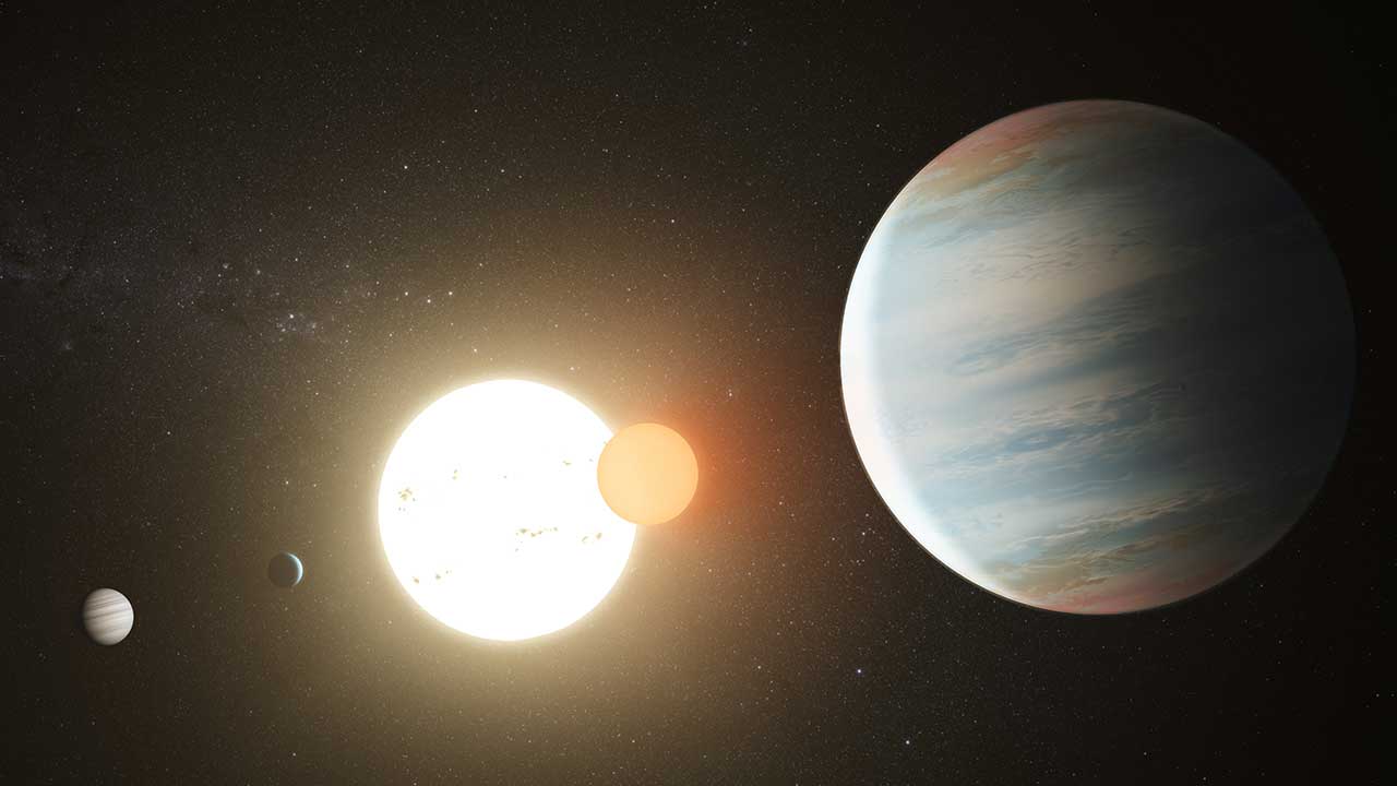 An illustration of the Kepler-47 circumbinary planet system. 