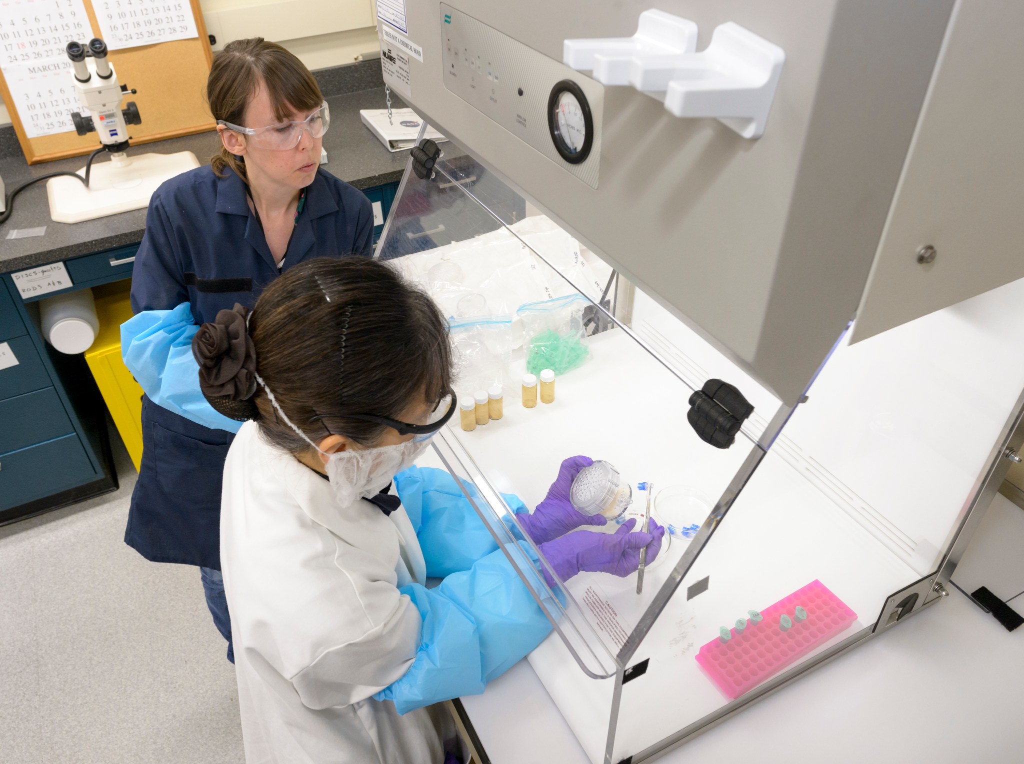 Two women in safety glasses and lab coats. One is wearing purple gloves and working with hardware inside a sterile cabinet.