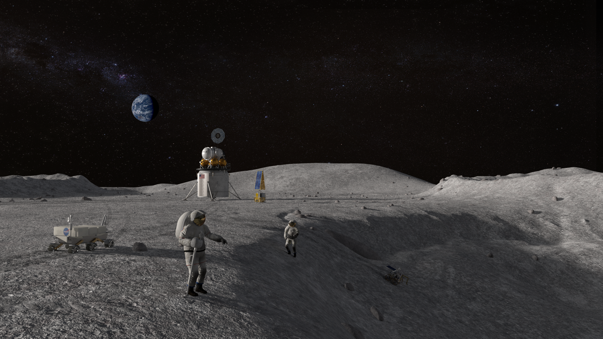 illustration of astronauts exploring a lunar crater
