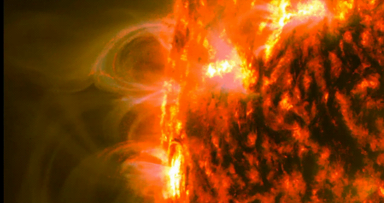 Animation of coronal rain on the Sun. The rain looks like glowing, snapping loops of orange and yellow light extending out of the surface, which glows red and yellow.