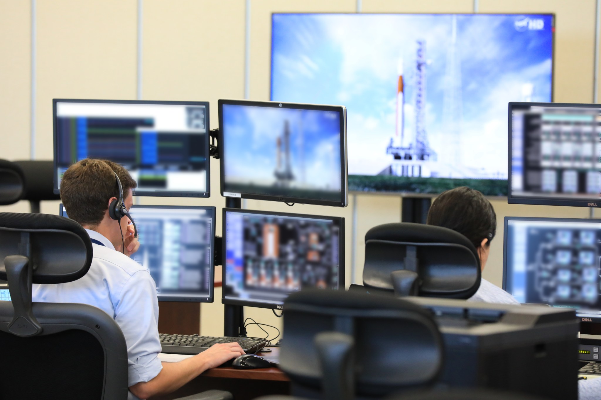 The Exploration Ground Systems team monitors their consoles during a cryo simulation in Firing Room 2.
