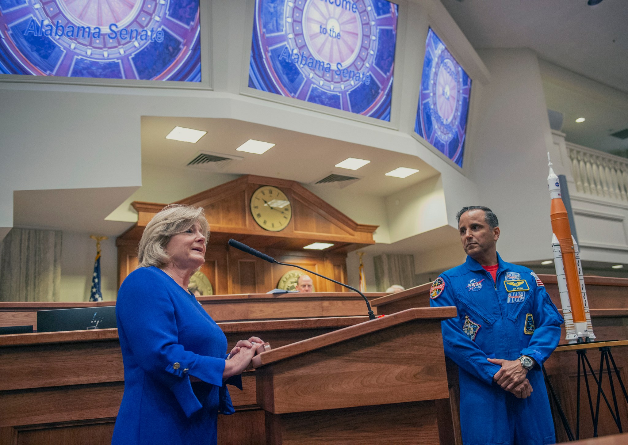 NASA Marshall Space Flight Center Director Jody Singer, left, and astronaut Joe Acaba address the Alabama State Senate.