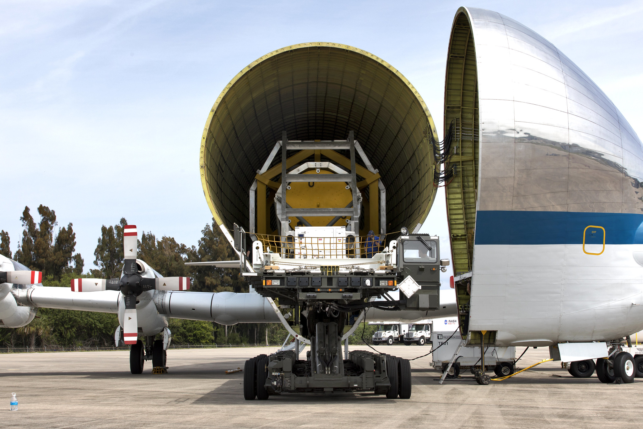 Fit check of the Orion horizontal transporter fixture in NASA's Super Guppy aircraft at Kennedy Space Center in Florida.