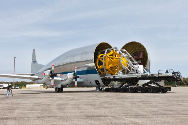 The Orion horizontal transporter is fit-checked with the NASA Super Guppy aircraft at Kennedy Space Center in Florida.
