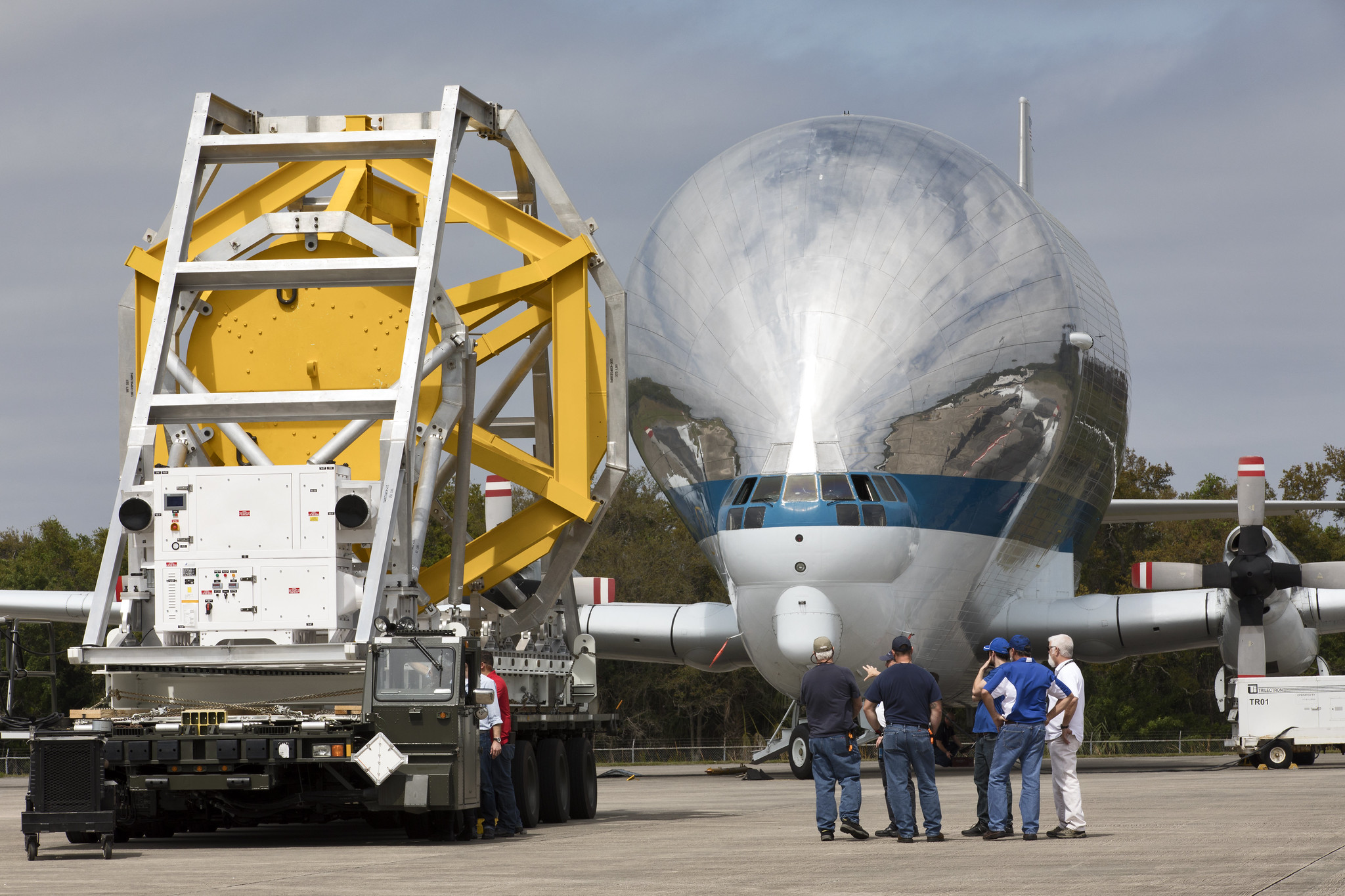 Fit check of the Orion Crew and Service Module Horizontal Transporter with NASA's Super Guppy aircraft began March 12, 2019.