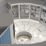 Artist rendition of space habitat with a white futuristic space with computer equipment along with plants.