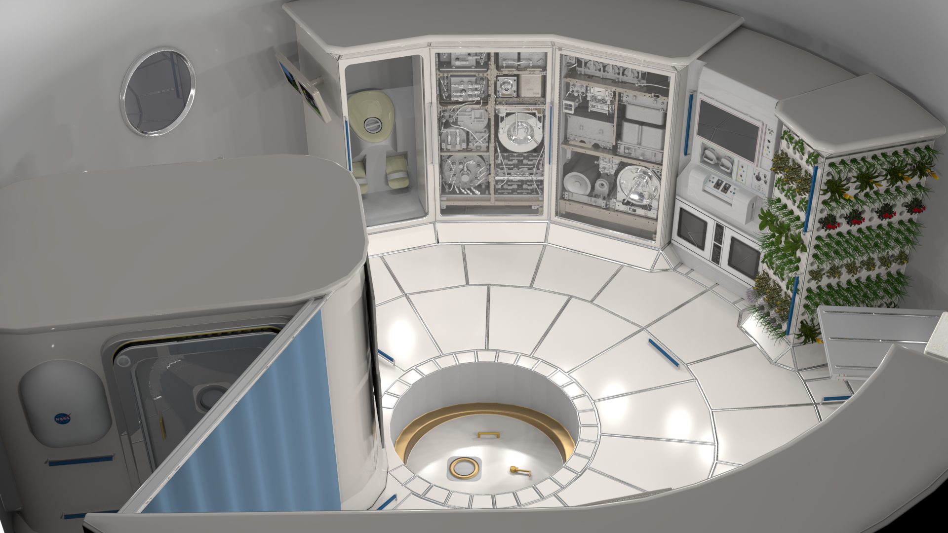 Illustration of the interior of a deep space habitat