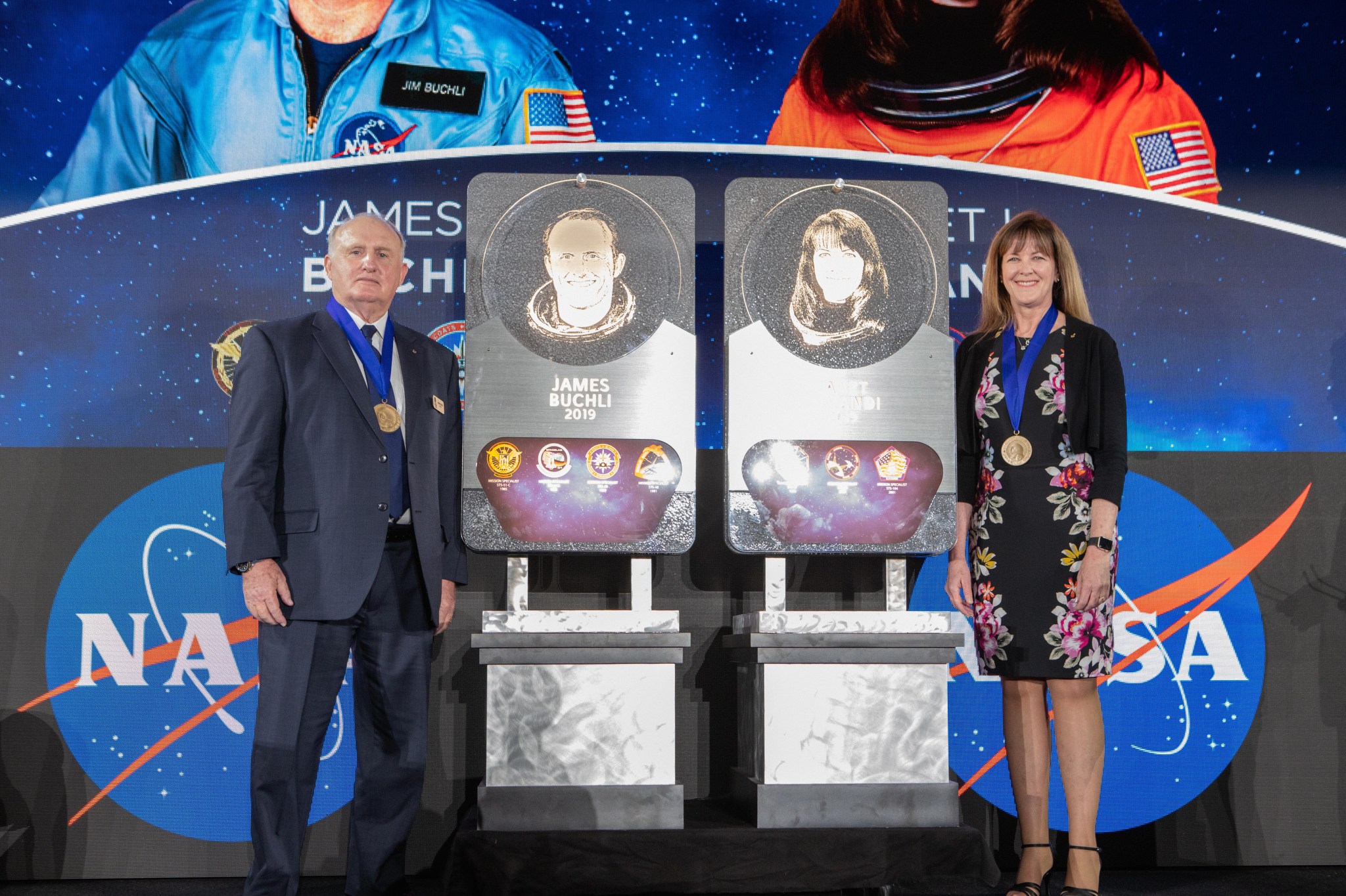 Former NASA astronauts Jim Buchli and Janet Kavandi are inducted into the U.S. Astronaut Hall of Fame Class of 2019