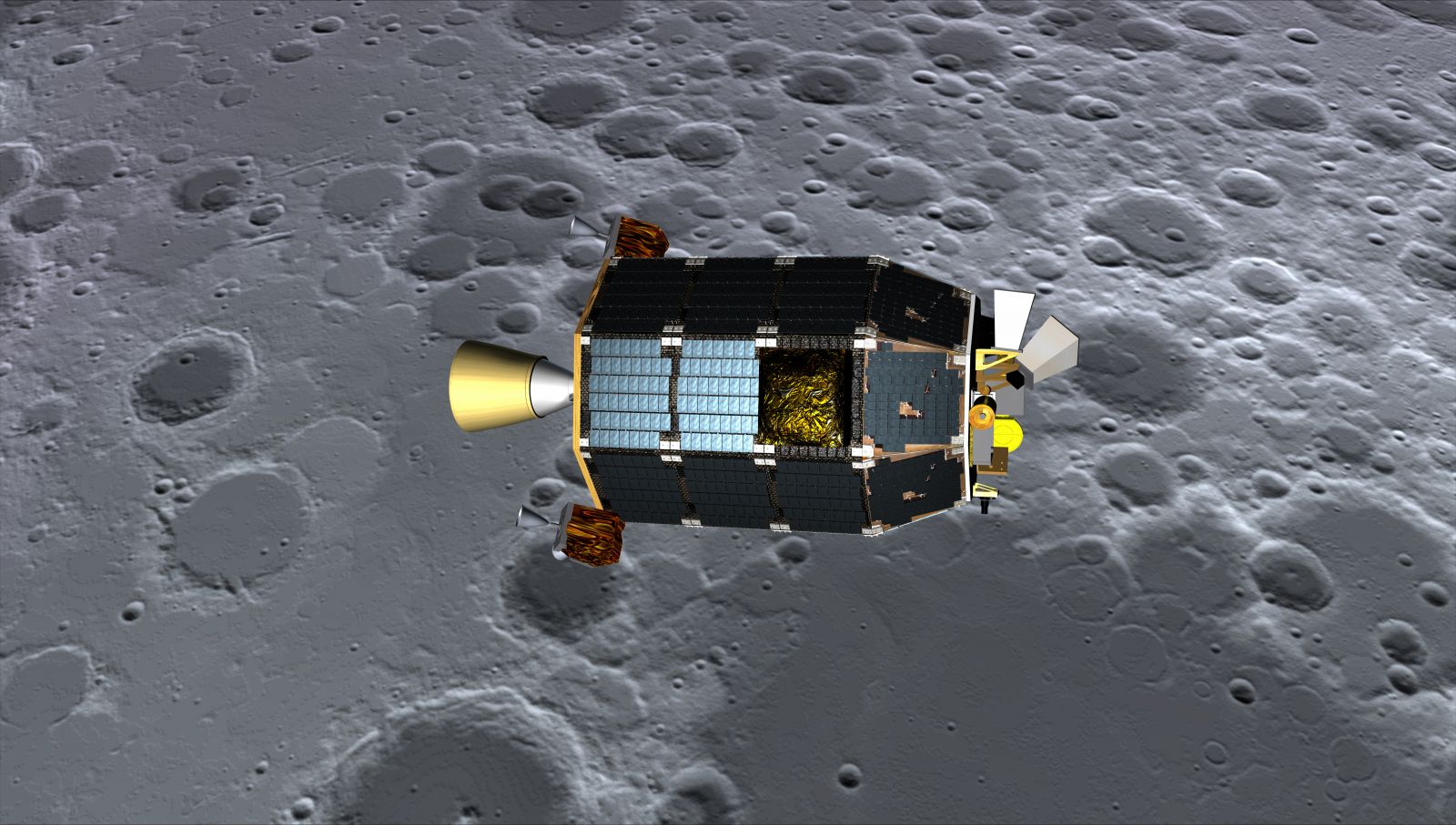 Illustration of NASA's LADEE (Lunar Atmosphere and Dust Environment Explorer) in orbit above the Moon.
