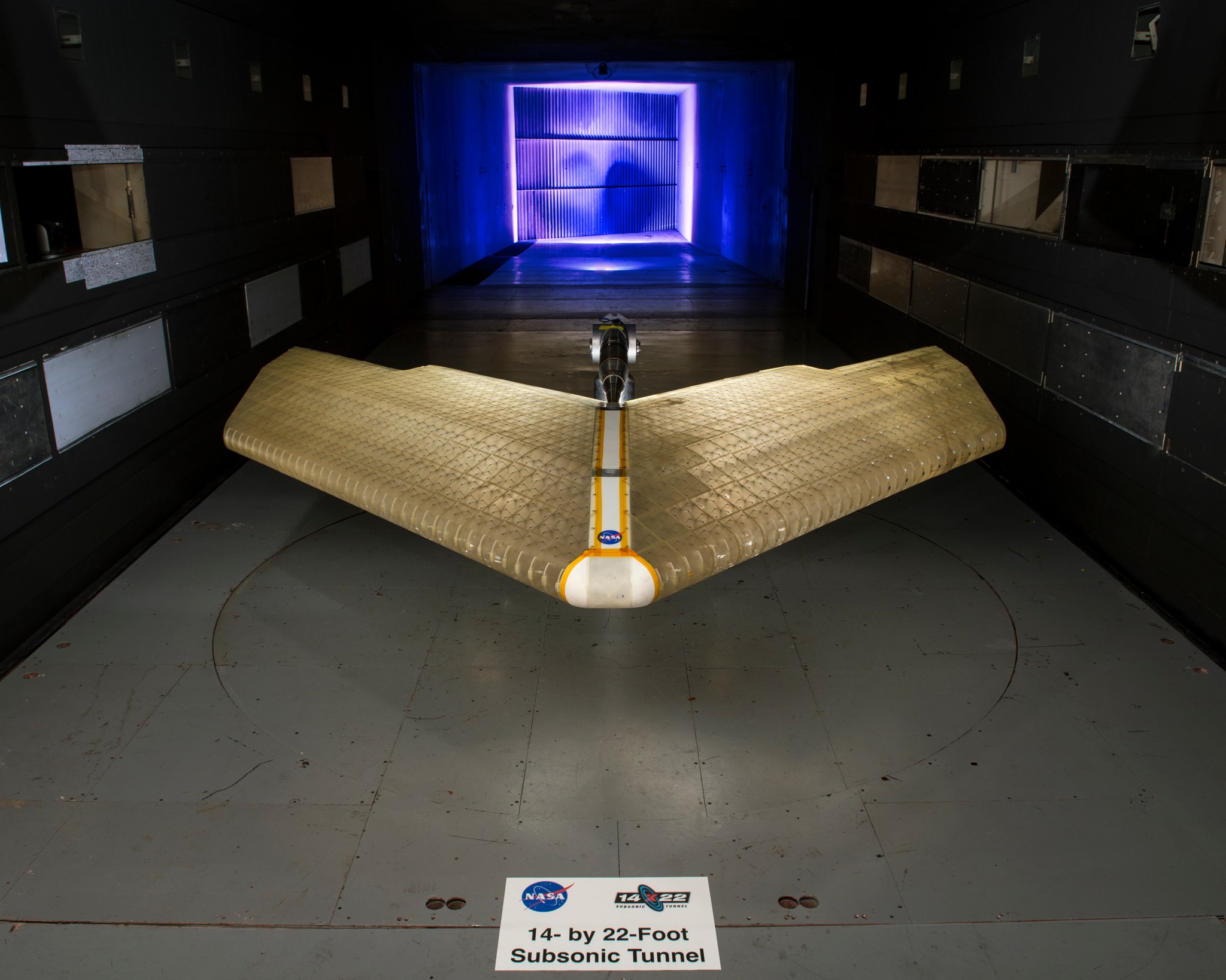 The MADCAT wing during assembly, preparing to be tested in NASA's Langley Research Center's 14 x 22 feet wind tunnel.
