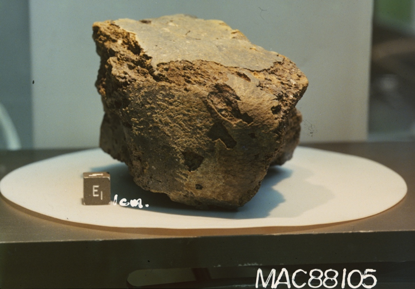 This is a picture of the lunar meteorite MAC88105, which I found near the MacAlpine Hills during the the 1988-1989 ANSMET field 