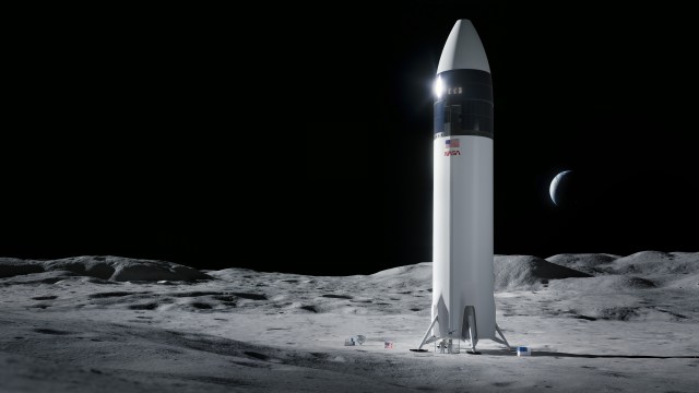Illustration of SpaceX Starship human lander design that will carry NASA astronauts to the Moon's surface during the first Artemis crewed lunar landing.