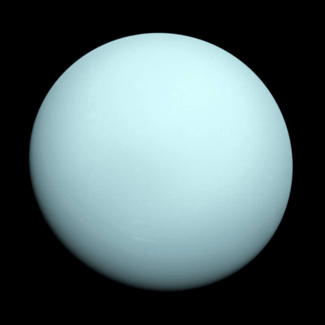 This is an image of the planet Uranus taken by the spacecraft Voyager 2, which flew closely past the seventh planet from the Sun. The planet is light teal. 