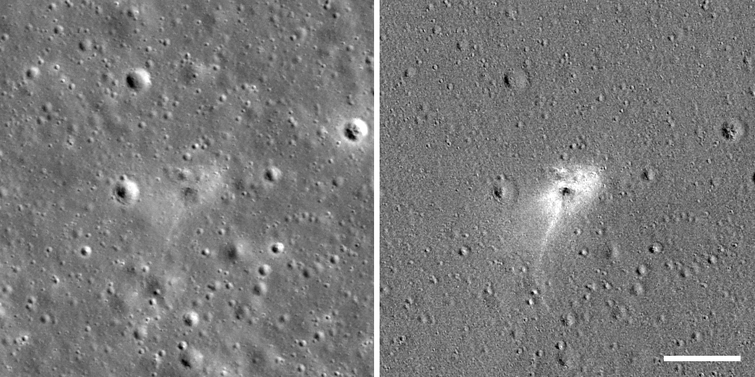 Two images of lunar surface with impact site marked on one