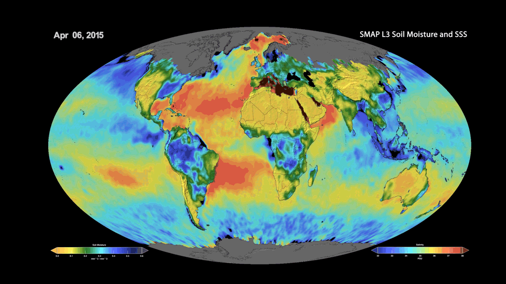 Time lapse of sea surface salinity and soil moisture from NASA's Soil Moisture Active Passive (SMAP) satellite 