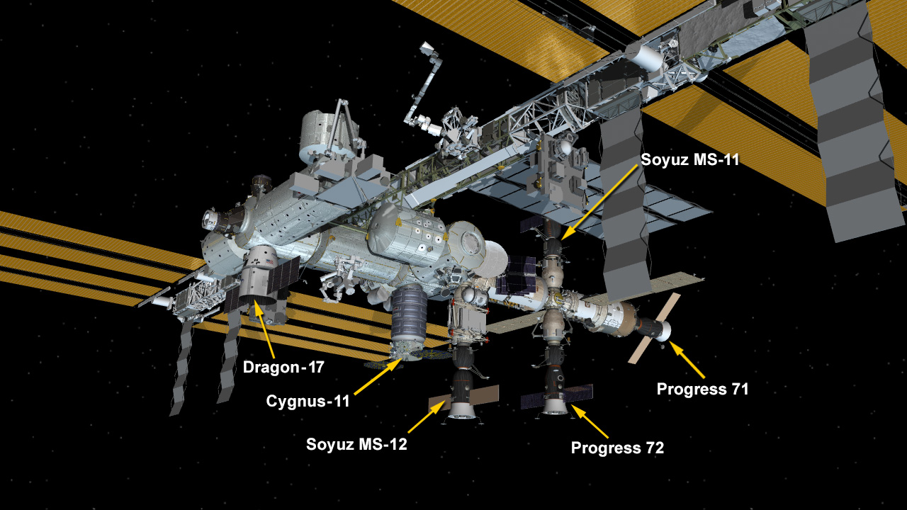 Illustration of space station with locatios of docked spacecraft labeled