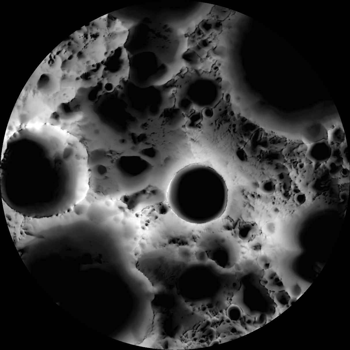 In this multi-temporal illumination map of the lunar south pole, Shackleton crater (19 km diameter) is in the center, the south 
