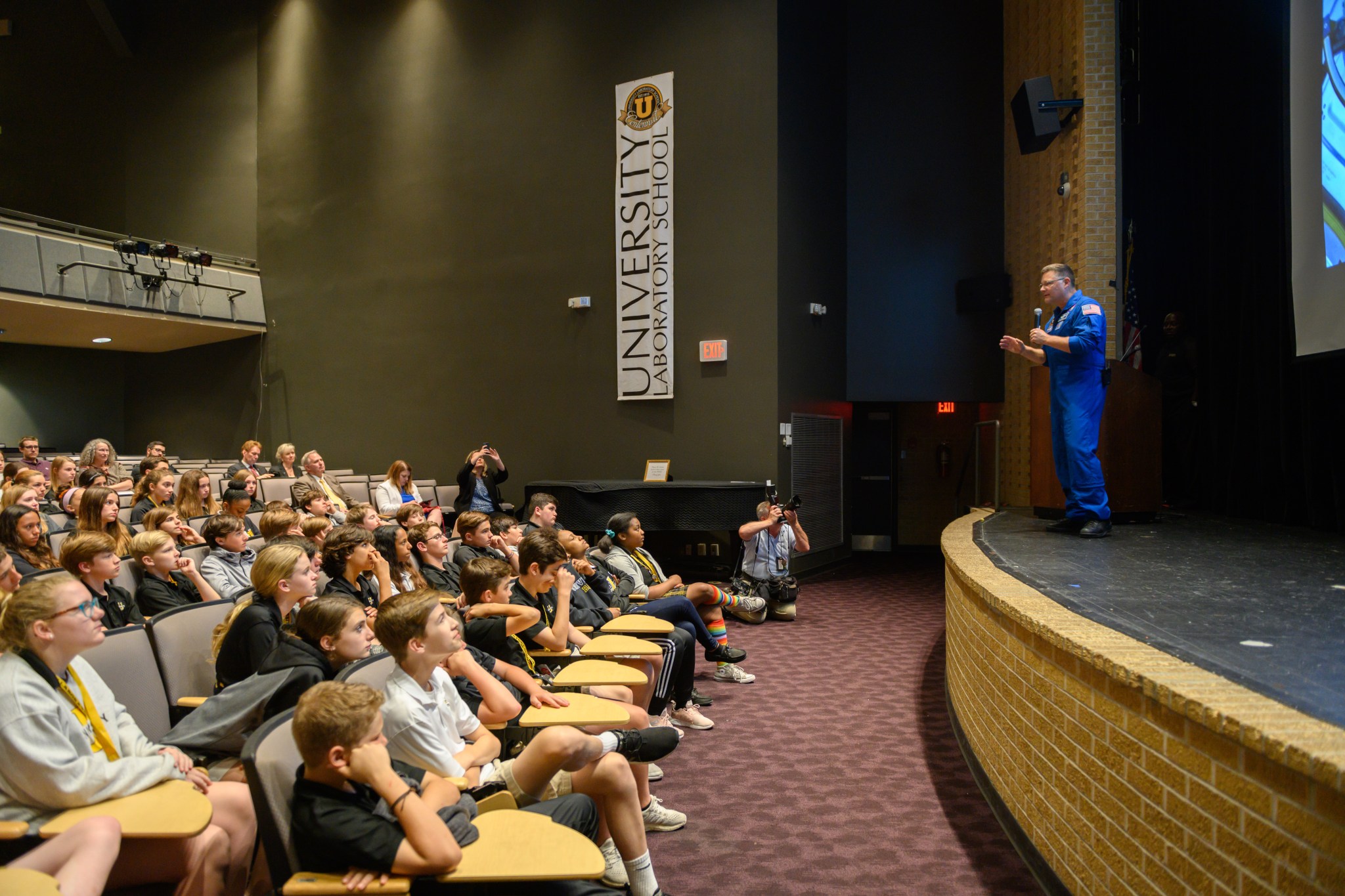 NASA astronaut Douglas Wheelock, participating in NASA Day in Baton Rouge, speaks to students from Louisiana Laboratory School.