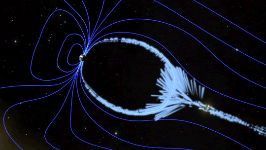 Illustration of magnetic reconnection, which looks like wavy blue lines snapping together to form a loop, coming out of Earth.