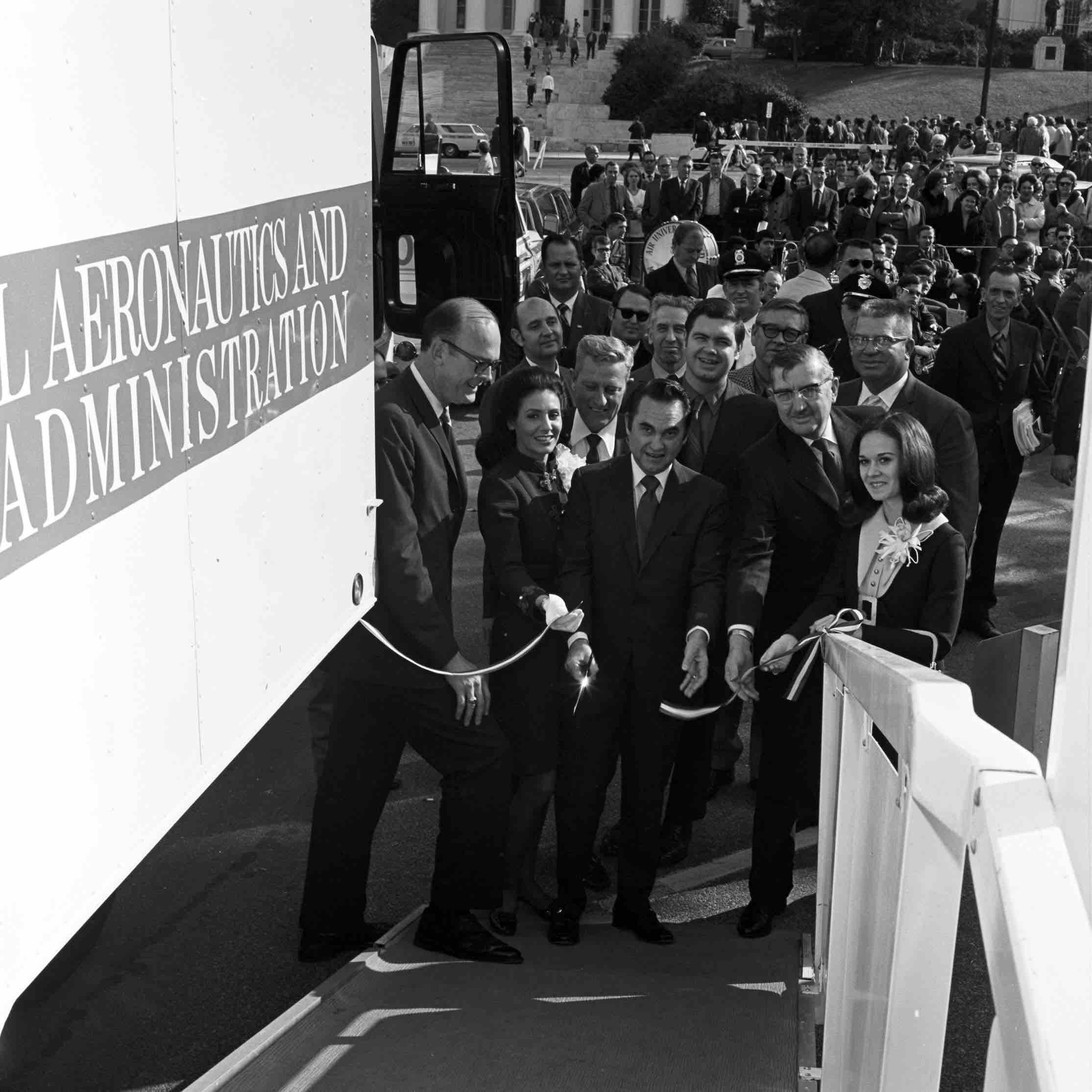 Alabama Governor George Wallace cutting the ribbon on the Apollo 11 Command Module “Columbia” exhibit in Montgomery, Alabama.