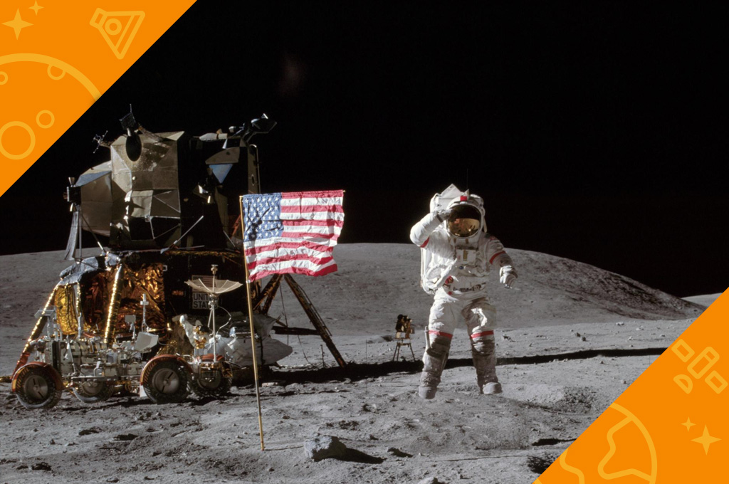 Apollo 16 commander John Young stands on the surface of the moon, saluting the camera