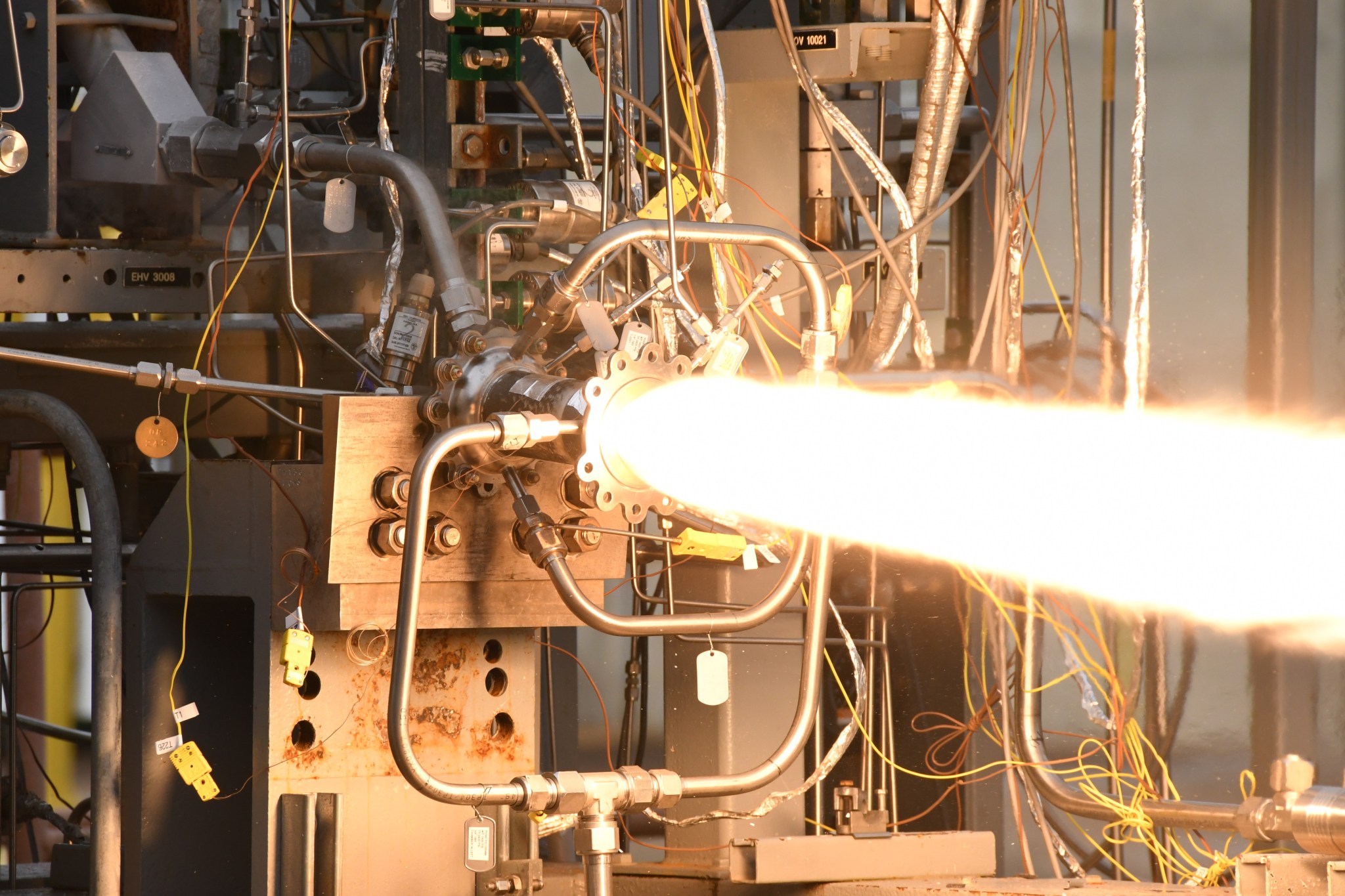 Engineers test-fire a 3D-printed rocket engine combustion chamber at NASA’s Marshall Space Flight Center in Huntsville, Alabama.
