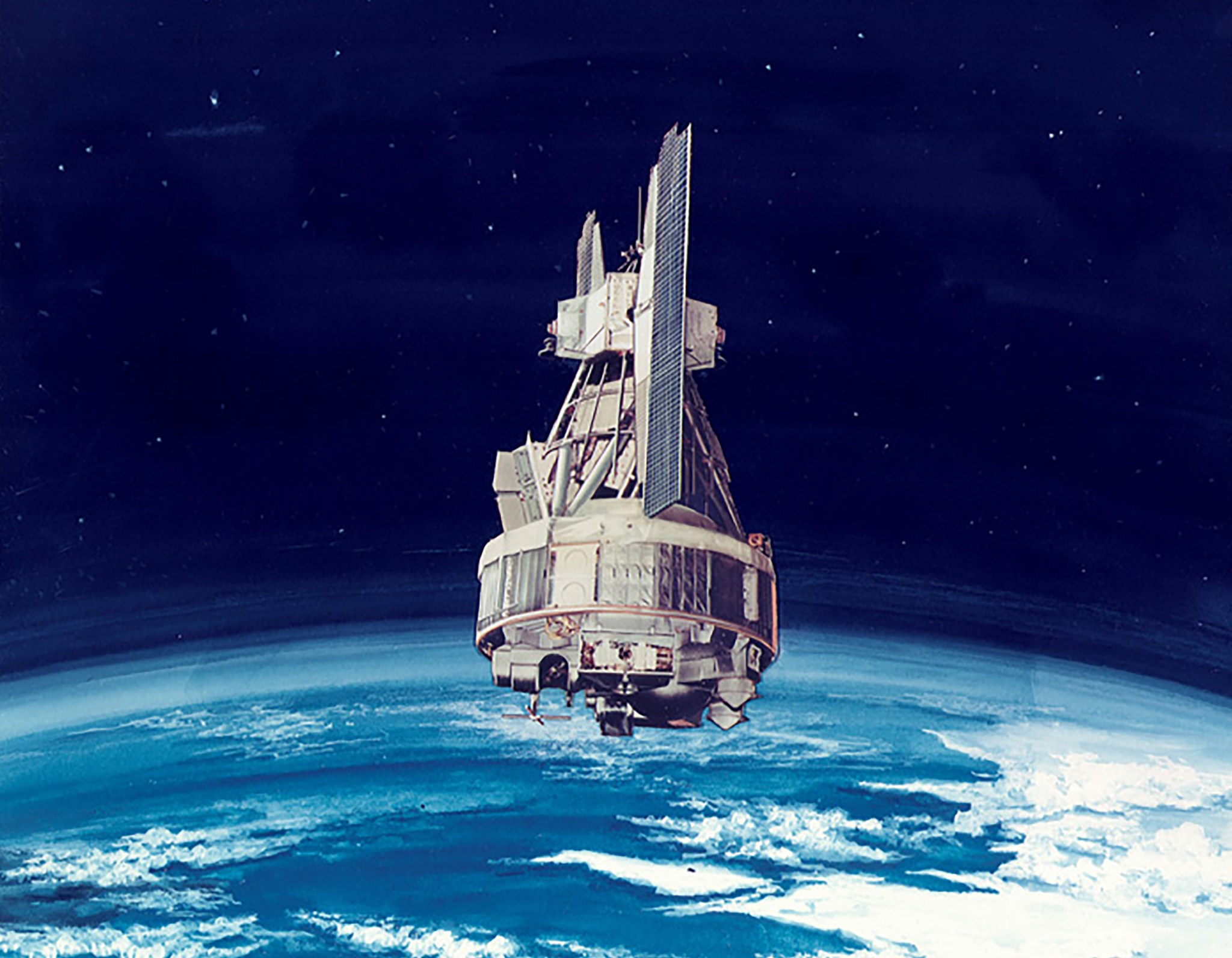 Older artist's rendering of the Nimbus-3 spacecraft against the limb of Earth. The spacecraft is roughly cone shaped and mostly gold. 