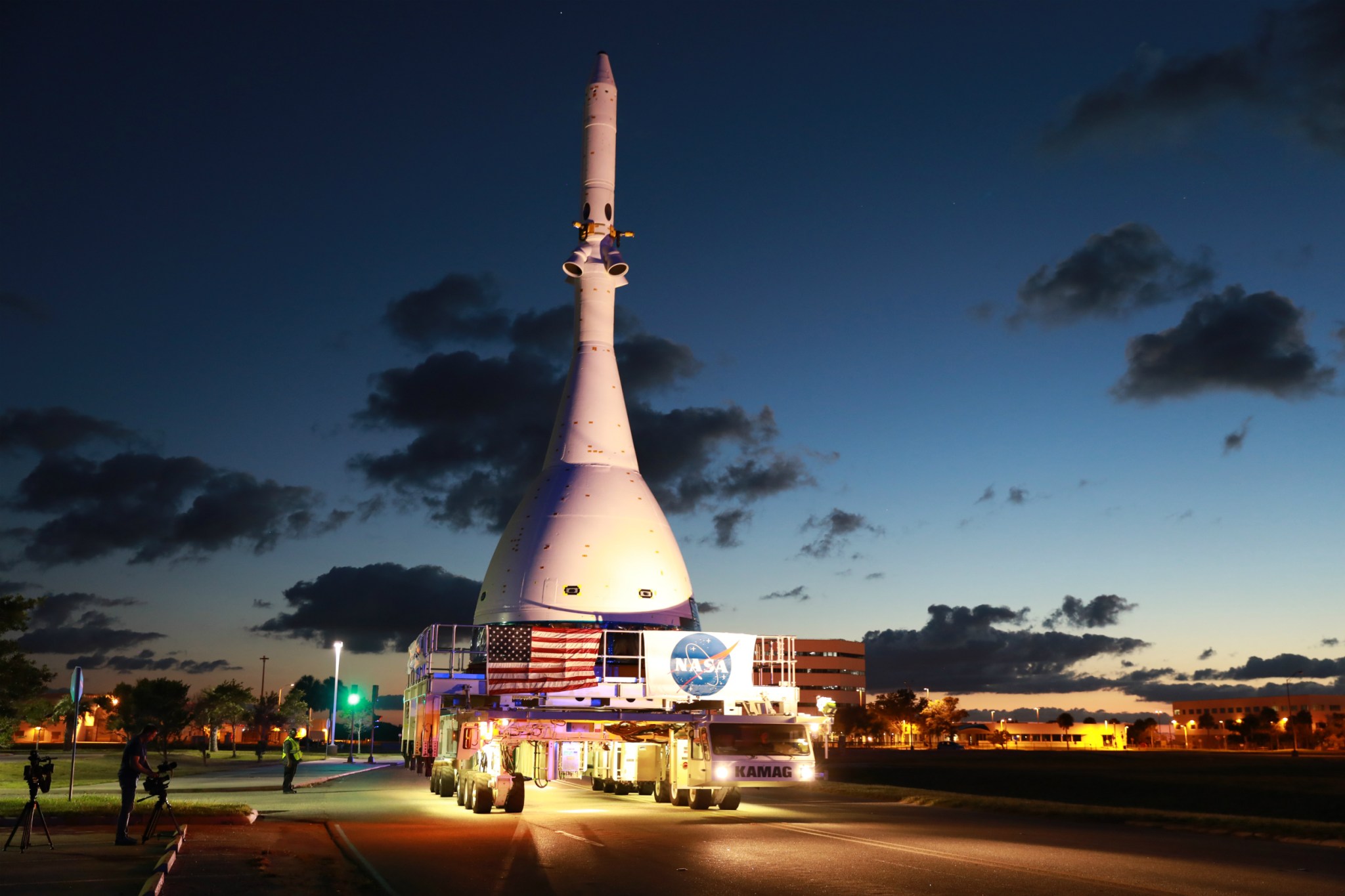 On May 22, 2019, engineers move a test version of the Orion spacecraft for the Ascent Abort-2 flight test.